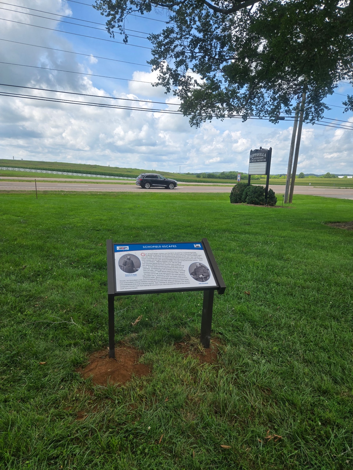 Schofield Escapes interpretive sign installed near the Rippavilla entrance in Spring Hill Tennessee
